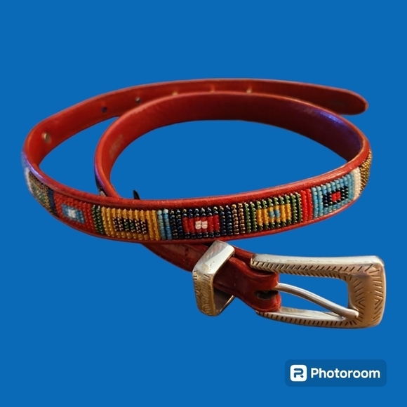 BRIGHTON Red Leather Beaded Rainbow Western Boho Belt Small 03507 - Picture 1 of 12
